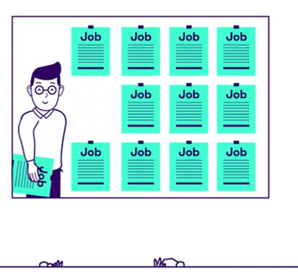 Grafische afbeelding van een man die solliciteert op een baan