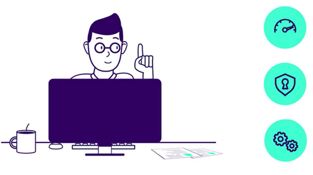 Grafische afbeelding van een man achter een computer die drie product features presenteert