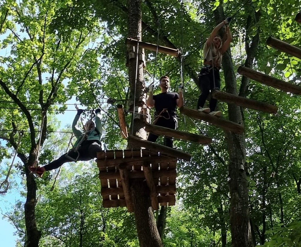 Signicat team building - Bucharest employees following a tree top adventure course.
