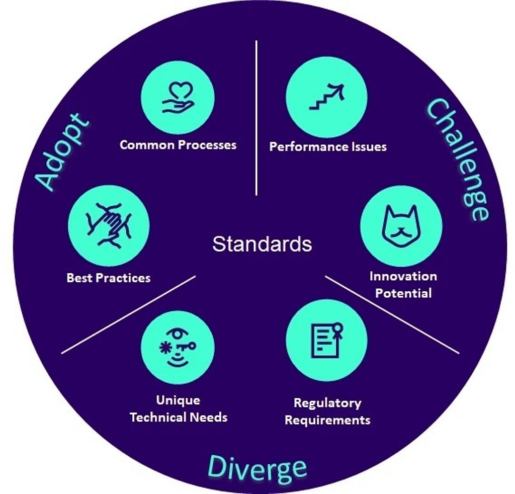 Wheel graphic showing options for adopting, challenging and diverging from standards.